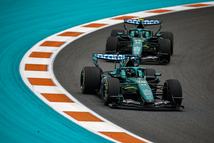 MIAMI, FLORIDA - MAY 03: Lance Stroll of Canada driving the (18) Aston Martin F1 Team AMR26 Honda leads Fernando Alonso of Spain driving the (14) Aston Martin F1 Team AMR26 Honda on track during the F1 Grand Prix of Miami at Miami International Autodrome on May 03, 2026 in Miami, Florida. (Photo by Chris Graythen/Getty Images)