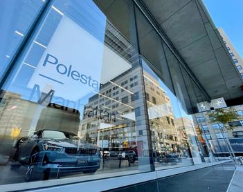New York, 11-16-2021: View through the display windows of a Polestar electric car dealership in Manhattan.