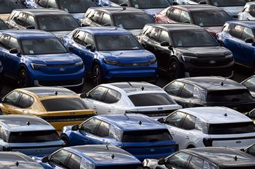 16 September 2025, North Rhine-Westphalia, Cologne: Brand new Ford cars are ready for delivery on the Ford plant premises. Photo: Federico Gambarini/dpa (Photo by Federico Gambarini/picture alliance via Getty Images)